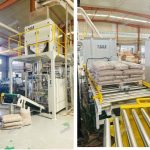 Pellets de madeira de 15 kg que pesan embalaxe de recheo A liña de paletización está lista para a súa entrega